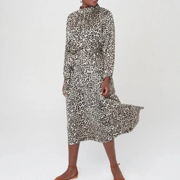 LOFT Silky High Neck Elastic Waist Classic Animal Print Dress - Size 10P - Picture 1 of 12